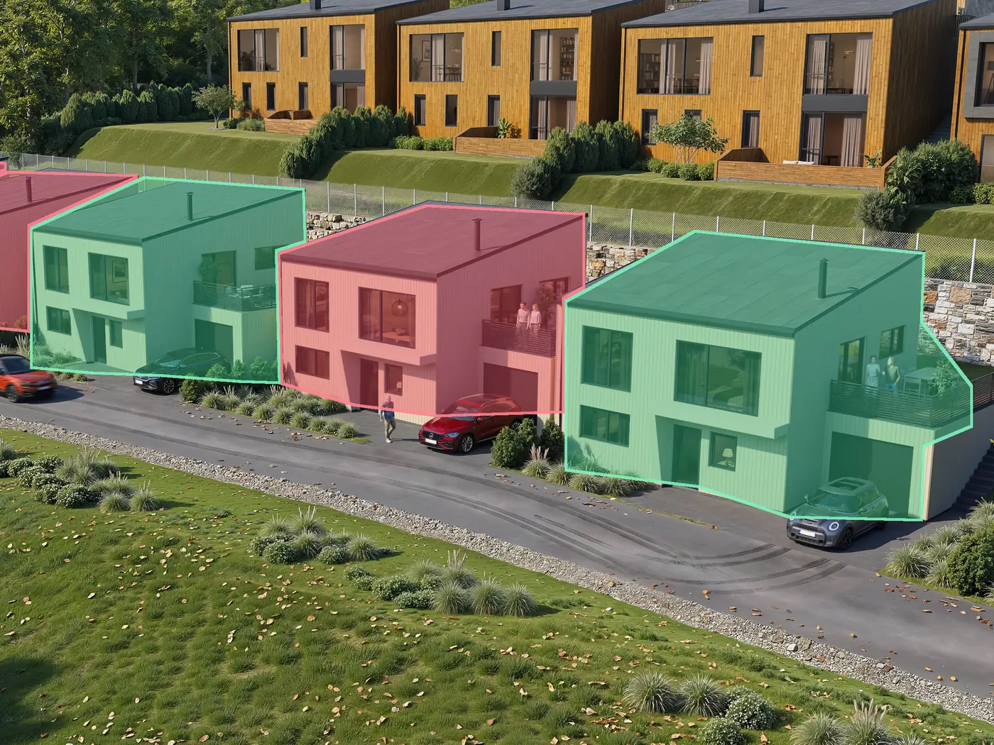 Interaktiv bostadsväljare där varje bostad är markerad i grönt för ledig och rött för såld