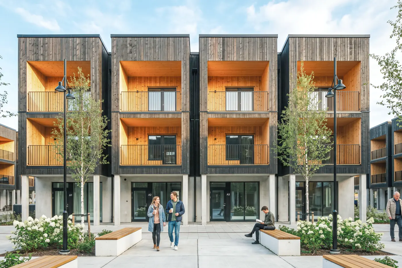 3D-visualisering av bostadskvarter med träfasader, indragna balkonger och gemensamma stadsrum