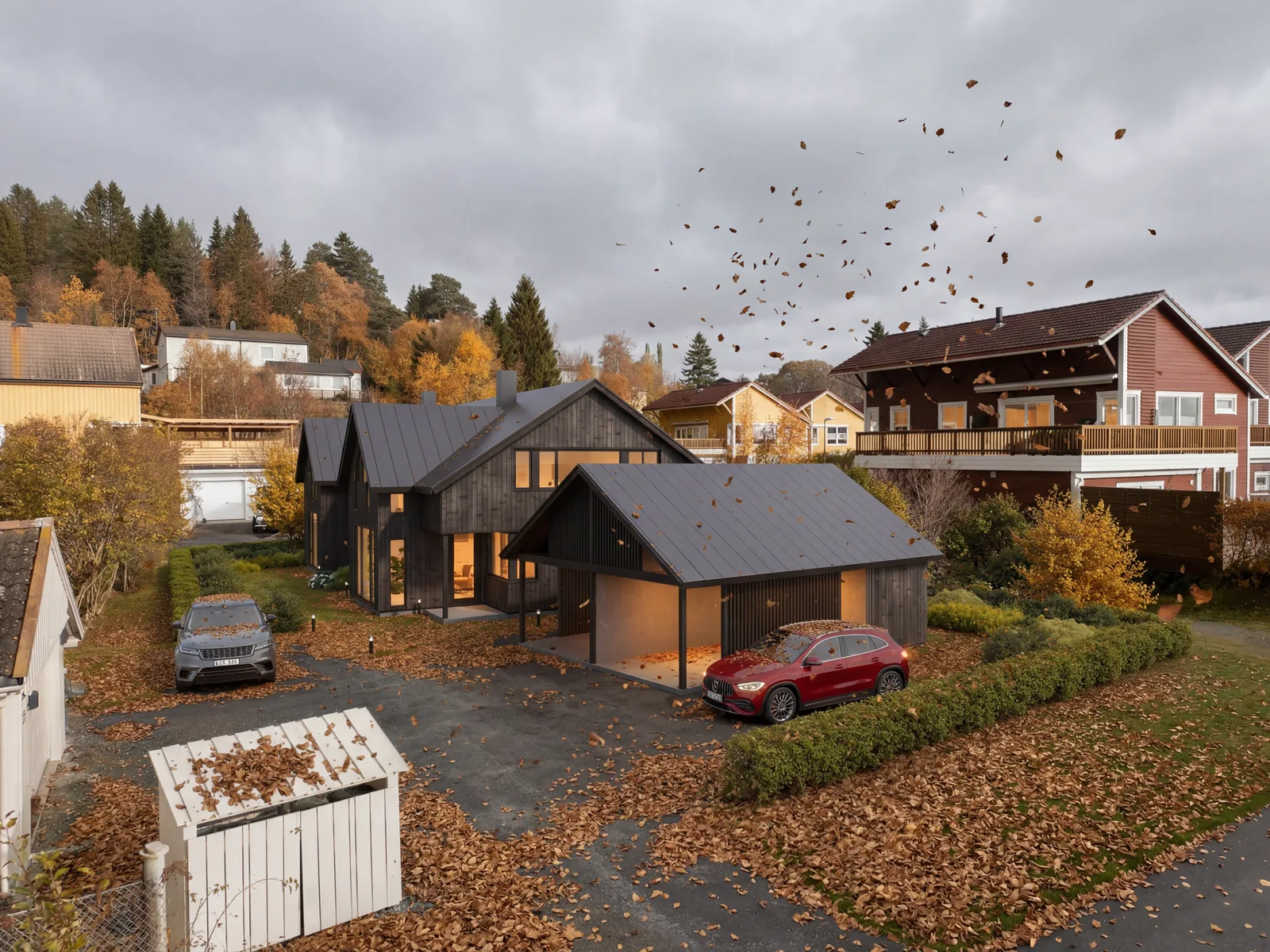 Fotomontage av mörk trävilla med carport, infogad i höstligt grannskap