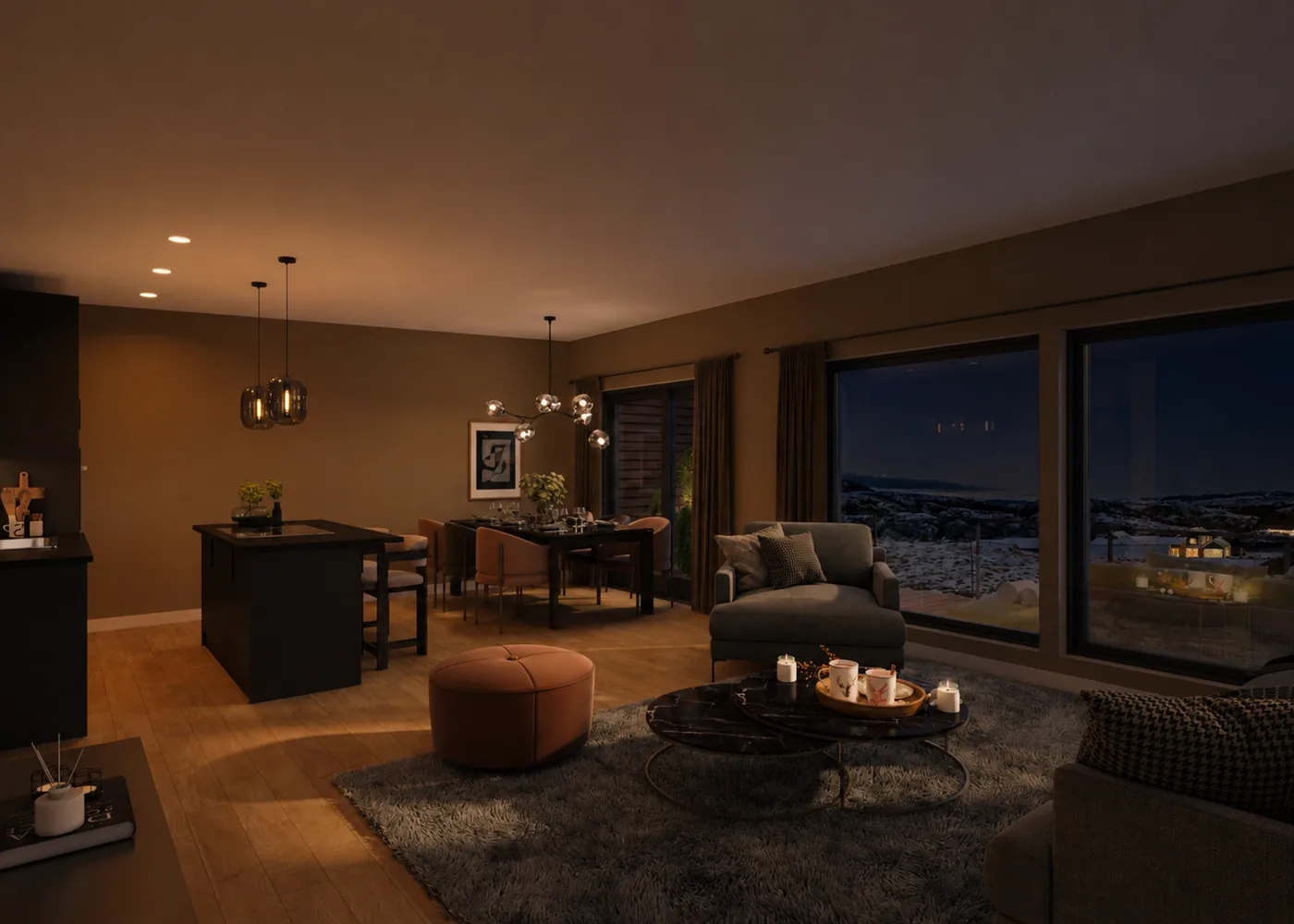 3D-visualisering av vardagsrum i kvällsljus med vinterutsikt