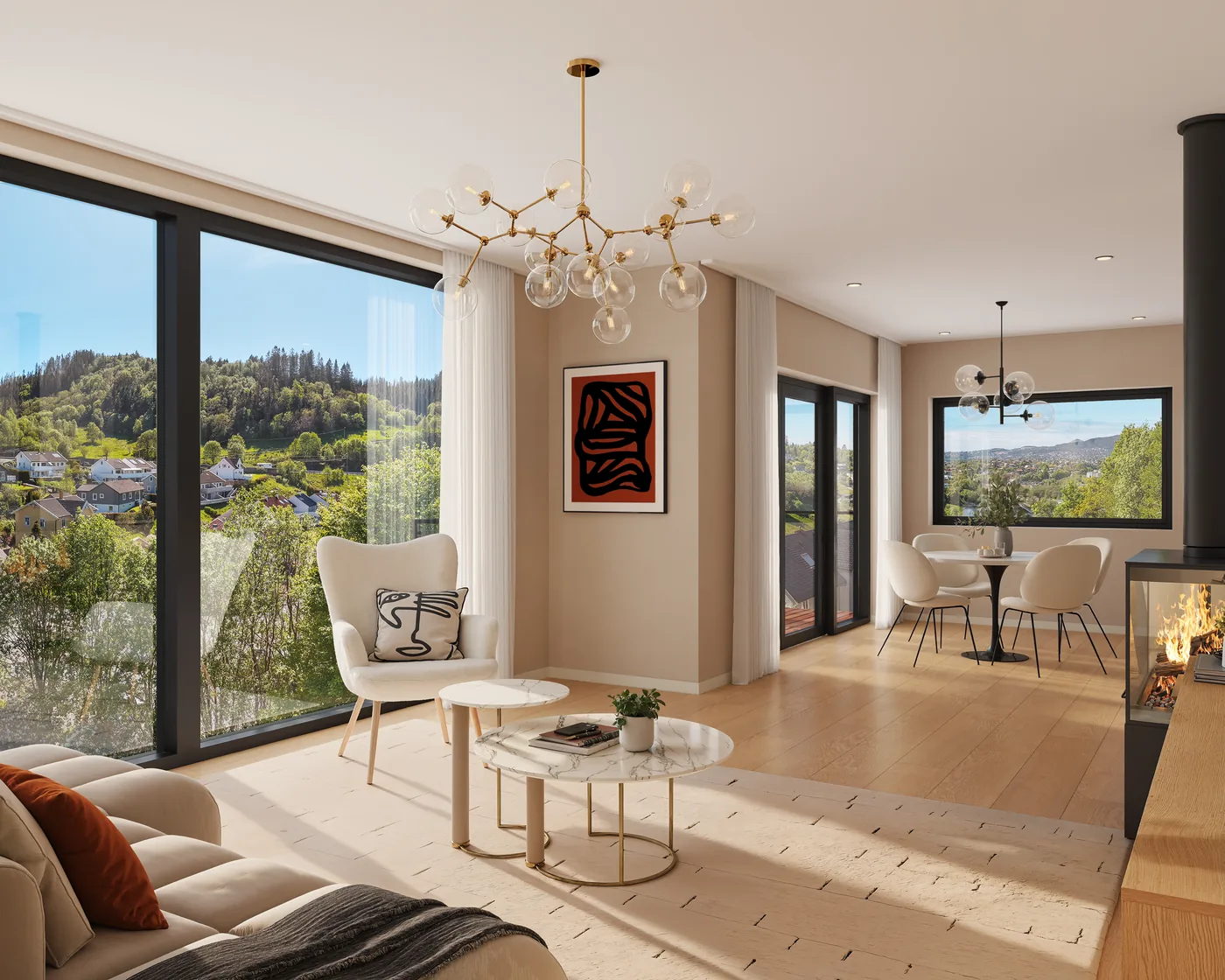 3D-visualisering av ljus lägenhet med braskamin och utsikt över dalen