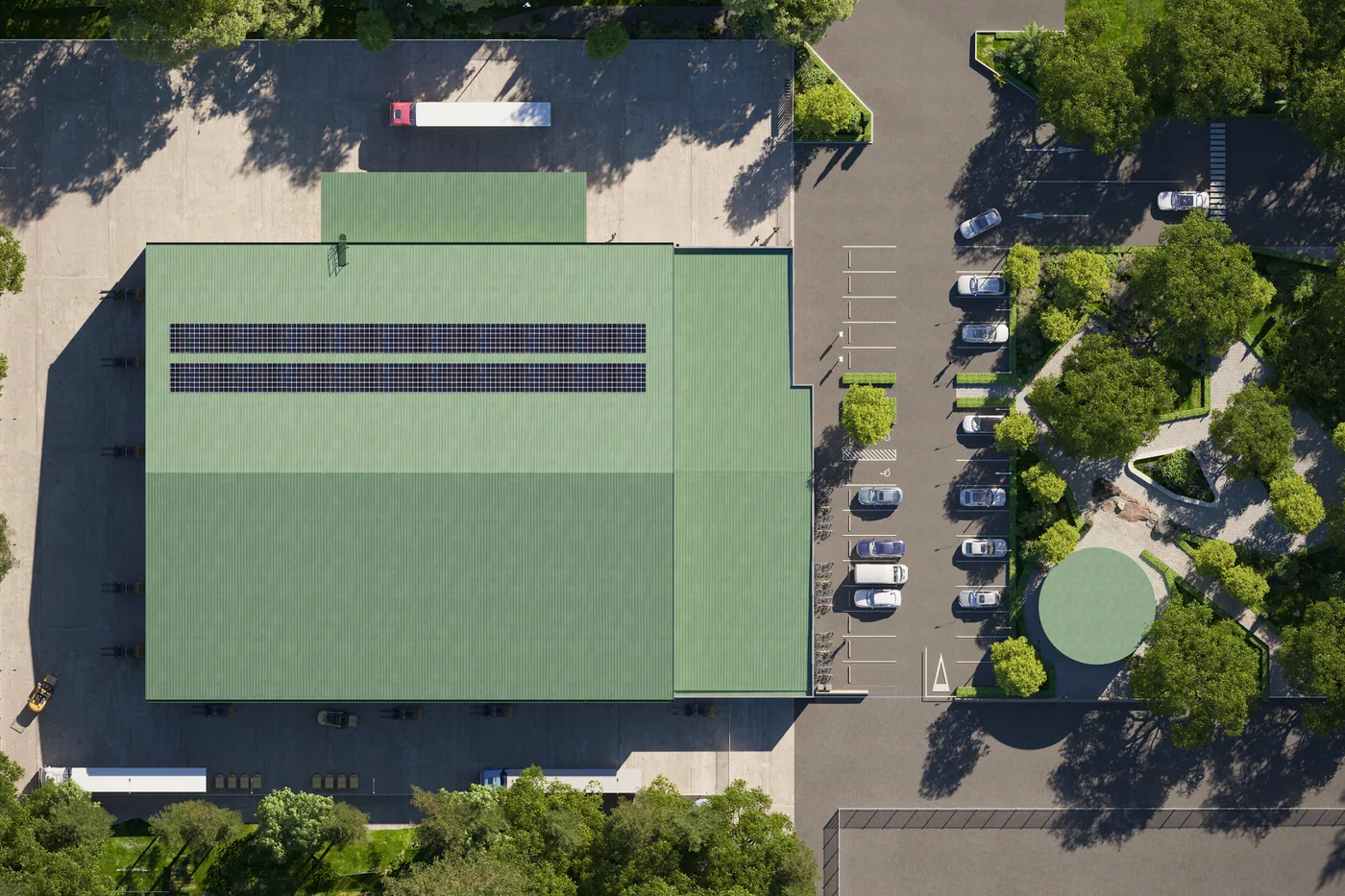 3D-visualisering av handelsbyggnad med solcellspaneler, sedd rakt uppifrån