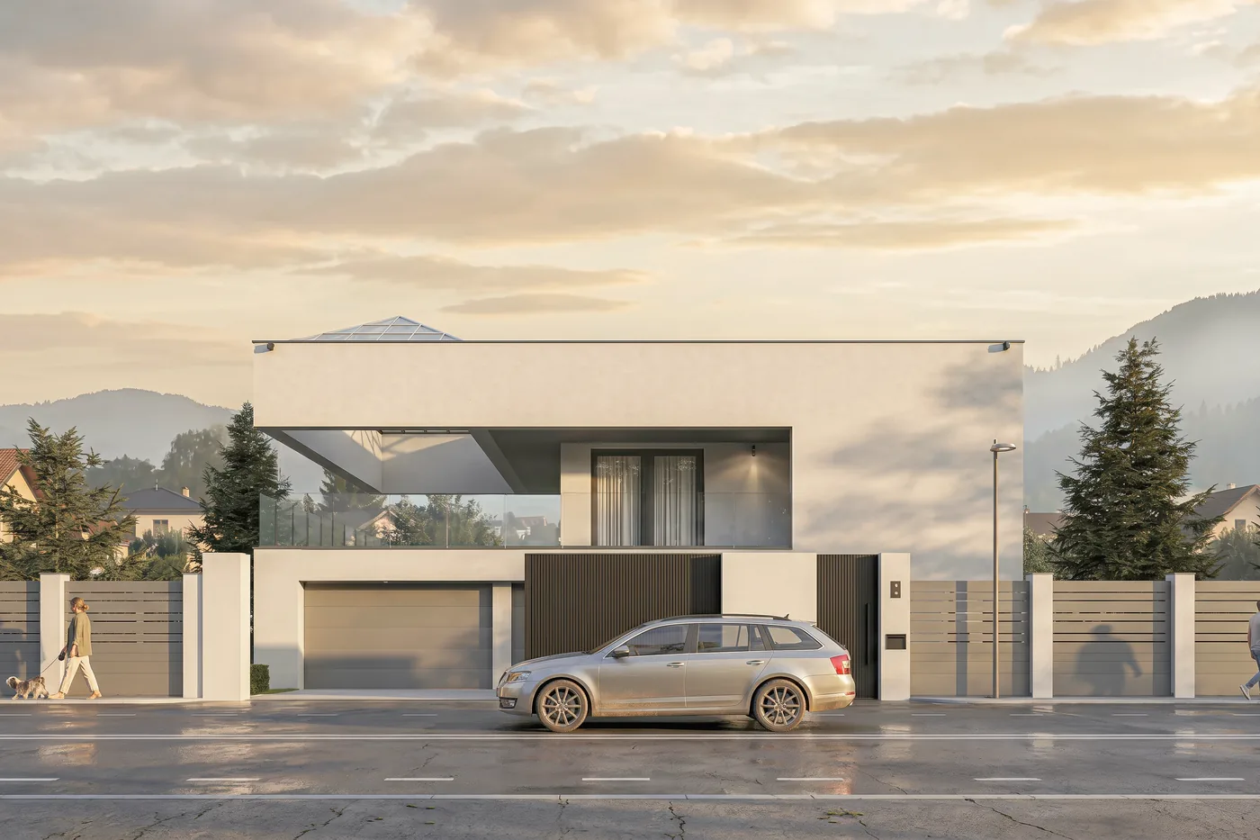 3D-visualisering av modern villa i vit puts med utkragat övre plan, i morgonljus